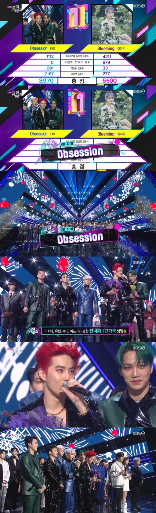 Group EXO won the first trophy at the same time as comeback.On KBS 2TV Music Bank broadcasted on the 6th, EXO Obsession and IU Bluemung were nominated for the first place.EXO, who was named first on the day, said, I am honored to EXOel all the time. I am sorry to keep you waiting and thank you for loving me a lot.The EXO will be responsible for the end of this year, and we will be happy until the end of the year.EXOs new song Obsession is a hip-hop dance song that can meet EXOs dark charisma with the title song of OBSESSION, which was released on the 27th of last month.It features addictiveness of vocal samples repeated like magic, heavy beats, and straight monologue lyrics.On the other hand, Music Bank includes 1TEAM, AOA, Bandit, CIX, EXO, JxR, One-on-One of, Steady, Golden Child, Nature, New Kid, Limitless, Park Jun Ho, Park Ji Hoon, Se-See, Astro, Starring Lee Jun-young, the space girl, etc.