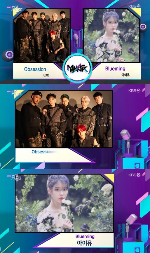 EXO and IU will face each other for the top trophy.On KBS 2TVs Music Bank broadcast on the 6th, EXO Obsession and IU Blooming were nominated for the top spot.The IU was ranked number one last week with Love Poem, and attention is being paid to whether it will be able to take first place for two consecutive weeks.In addition, EXO will unveil its Option stage through Music Bank on the day, and EXO will take the first title at the same time as comeback, and the question about this will increase.On the other hand, Music Bank will feature EXO, Gugudan Cleanup, and Park Ji-hoons comeback stage from Wanna One. AOA will also greet fans on the Goodbye stage.Photo = KBS Broadcasting Screen
