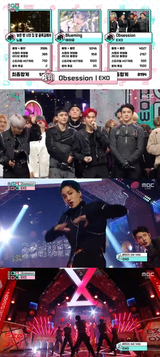 EXO beat IU, Noel to take first-place trophyEXO ranked first in MBC Show! Show! Music Core broadcast on the 7th.Noel s late night in the alleyway in front of your house, IU Blueming and EXO Obsession While Noel and IU did not appear, EXO made a comeback stage with Obsession.Obsession is the title song of an addictive hip-hop dance genre. EXO members showed intense stage with black color costumes.Performance, which cannot be taken away, was also impressive.As a result, the top trophy was EXOs. EXO attracted attention by leaving the impression that Gyeongsu and Minseok, who seem to be watching this, love EXO D.O. and Xiumin.I could see a colorful comeback stage. Sungmin performed a solo comeback stage with Orgol, and Musey was like Someone else and Do not you reconcile now?And caught the attention with two charms. Lee Jun-young announced his solo debut on the stage of Im curious .In addition, the former singer Se-jeong was on stage as a solo singer and showed off his vocal skills through Tunnel. Park Ji-hoon from Wanna One showed intense performance with 360.He also played a special MC on the show. AOA showed a girl crush charisma through Come to see me.In addition, Show! Music Core appeared on the day, including Kim Jang-hoon, Astro, Golden Child, Nature, New Kid, and One-on-One.Photo = MBC Broadcasting Screen
