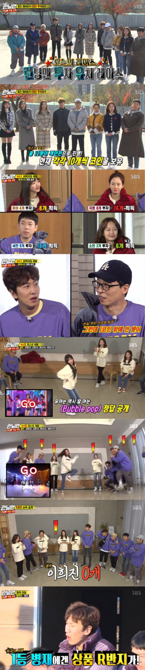 According to Nielsen Korea, a TV viewer rating research institute, Running Man, which was broadcast on the 1st, ranked first in entertainment in the same time zone with 3.7% of 2049 target TV viewer ratings (based on the second part of the Seoul metropolitan area).The average TV viewer ratings were 5% for the first part and 7.1% for the second part, while the highest TV viewer ratings per minute soared to 7.9%.The broadcast was held as Running Man Investment Attraction Race, with actors Kang Han-na, Lee Hee-Jin, YooAA of Oh My Girl and broadcaster Yoo Byung-jae as guests.Members can invest RCOIN in each round to call their assets, and the person with the least RCOIN will be punished.The first confrontation was the Lord of the thighs as a pain-bearing confrontation.With Kim Jong-kook winning as everyone expected, Lee Kwang-soo was hit in the thigh by Kim Jong-kook and pulled out painfully to laugh.Song Ji-hyo, Jeon So-min, Yang Se-chan and YooAA, who invested in Kim Jong-kook, were called RCOIN.In the second showdown quiz, The King of Quiz, Haha, Lee Kwang-soo, and Yoo Byung-jae, who invested in him as Brain YooA Jae-Suk won the championship, earned twice as much COIN.In the third showdown, The King of Dance, the Dance Shin Dance King YooAAs big success attracted attention and won first place, and investors YooA Jae-Suk, Kim Jong-kook and Yoo Byung-jae also succeeded in being called COIN.In particular, Yoo Byung-jae won the final prize with a lot of COIN in the final match, and Lee Hee-Jin won the Water bomb penalty with 0 COIN.The scene was the best TV viewer rating per minute at 7.9%.Photos  SBS