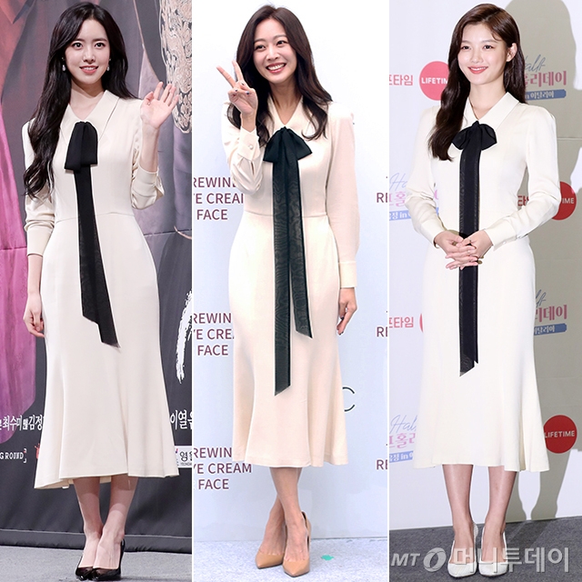 Actor Jin Se-yeon, Jo Bo-ah and Kim Yoo-jung were spotted wearing the same outfit at the official ceremony.On the 12th, Jin Se-yeon attended the presentation of the TV drama Gan-taek: Womens War at the Imperial Palace Hotel in Gangnam-gu, Seoul.On this day, Jin Se-yeon appeared in a cream-colored midi dress with a long black ribbon.He wore a thick wave hair and large pearl earrings to create a bright vibe, where he completed a simple one-piece look with black pumps.The dress worn by Jin Se-yeon is a ready-to-wear label of Bride & U, which was previously worn by Jo Bo-ah and Kim Yoo-jung.The three people showed their personality by playing Guddu as a point item in a hairstyle similar to the same dress.Jo Bo-ah matched nudetons and Kim Yoo-jung matched white pumps; Jo Bo-ah directed the legs to look long with beige pumps.Kim Yoo-jung doubled her brightness with white pumps of similar tones to a cream dress.