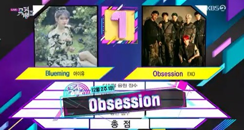 EXO topped Music Bank for two consecutive weeks without appearing.EXOs Obsession on KBS 2TV Music Bank broadcast on the 13th was the first K-chart in the second week of December, against IUs Blueming for two consecutive weeks.After the first place, the singers gathered on stage danced to the Option song and instead opened a ceremony to attract attention.On this day, Music Bank, J. Y. Park, Kim Jae-hwan, Stray Kids comeback stage and MCND debut stage were held.J. Y. Park cheered with dancing and live without shaking even though he was about to get a break.On the day, Music Bank included 1TEAM, BVNDIT (Vandit), CIX, JxR, MCND, OnlyOneOf, Stray Kids, Golden, Golden Child, Kim Jae-hwan, Nature (NATURE), New Kid, Limitless, Park Ji-hoon, and J. Y.Park, Se-jeong, Ollie (ORLY), WJSN, Lee Jun-young and Hibrough starred.