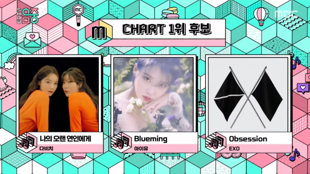 Davichi, IU and EXO clashed for the top spot.In MBCs Show! Music Core, which was broadcast on December 14, three top-ranked candidates were released in the second week of December.The top candidates were Davichi To My Long Lovers, IU Blueming and EXO Obsession.In the last broadcast, EXO won first place at the same time as comeback, and IU, which is firmly in the music charts, and Davichi, who has been newly nominated, attracts attention to whether he will become the new first protagonist.Lee Ha-na