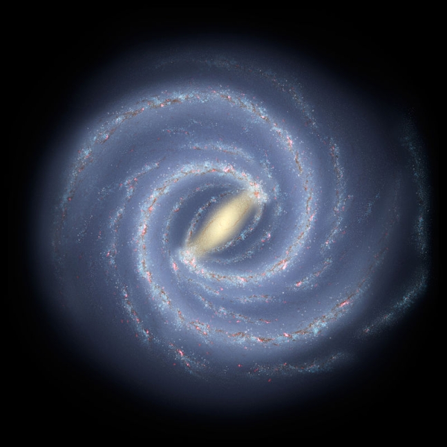 위에서 본 우리은하 상상도. 전형적인 막대 나선은하로 지름이 약 10만 광년이다. 약 4000억 개의 별들이 있는 것으로 추산된다. 지구는 중심에서 약 3분의 2쯤 떨어진 가장자리에 있다. 출처=NASA/JPL-Caltech/ESO