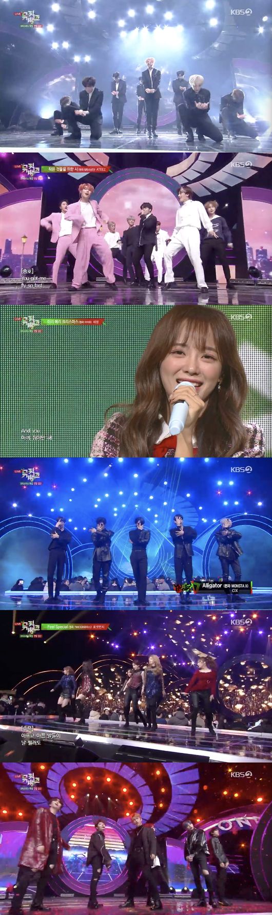 Golden Child, Sejeong, Eighties, One Earth, CIX and Rocket Punch have set up a special stage.KBS2 Music Bank, which was broadcasted on the afternoon of the 20th, was decorated with the Christmas special year-end settlement, and various cover stages of idol groups were drawn.First, the rocket punch covered Twices Feel Special and showed off its lovely charm, while CIX transformed into a charismatic beast stone by setting up the stage of Monster Xs Alligator.Sejeong sang the Christmas atmosphere by singing IUs Mary Christmas and ETIZ perfectly reproduced the BTS Poetry for Small Things stage.One Earth and Golden Child, who set up EXOs tempo and Seventeens Fear stage, each heated up the atmosphere with a flawless sword dance.Music Bank broadcast screen capture