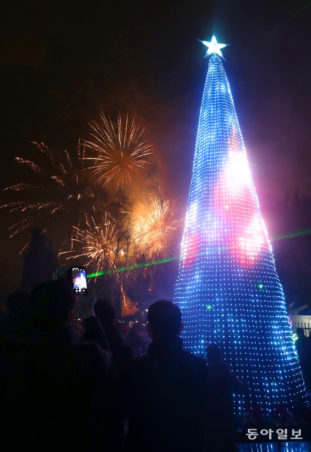 21일 서울 노원구 화랑대역 철도공원에 불빛 정원이 개장됐다. 관람객들이 개장식에 맞춰 터지는 불꽃과 크리스마스 트리를 바라보고 있다.