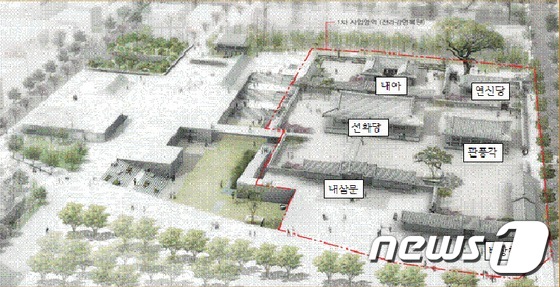 복원 중인 전라감영 조감도(빨간색 테두리). 서쪽은 미정/뉴스1