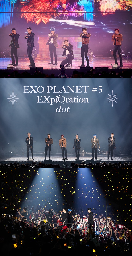 EXO held EXO PLANET #5 - EXpLOration [dot] - (EXO Planet #5 - Exploration [dot] -) at the Seoul Olympic Park KSPO DOME for three days from December 29 to 31 last year.In this performance, EXO will feature hits such as Run, Addiction, Call Me Baby (Call Me Baby), Monster (Monster), Power, as well as repackaged 5 albums including Tempo (tempo), Love Shot (love shot), Damage (demage), 24/7 and repackaged songs The songs included in the album, such as First Snow, Strings, winter albums, Chen Miracle of December, Kai Confession (confession), Spoiler (spoiler), Baekhyun UN Village (U.N. Village), Suho Ill Go Through, What A Life (Water A Life), and Im Theres a Dimly and Chanyeol unit stage, a variety of charm of 27 songs to the stage captivated the attention.In addition, the audience enthusiastically enjoyed the performance by wearing the dress codes in the colors that symbolize the winter albums of EXO such as Red & Green, Black & Gray & White, Brown & White, and impressed the members with various events such as slogans and large card sections.