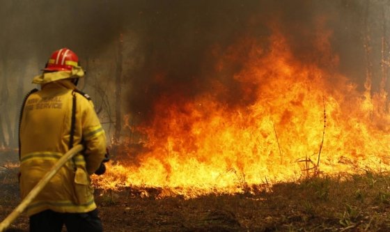호주 뉴사우스웨일스주 올드바에 들불이 번져 지난 9일(현지시간) 한 소방관이 화재 진압을 위해 물을 뿌리고 있다. 당국은 동부 해안을 강타한 화재로 최소 2명이 숨지고 30여 명이 다쳤으며 150여 채의 가옥이 파괴됐다고 호주 당국이 밝혔다. 호주는 1965년 이후 최소 강수량을 기록하면서 최악의 가뭄을 겪고 있다./사진=뉴시스 2019.11.10