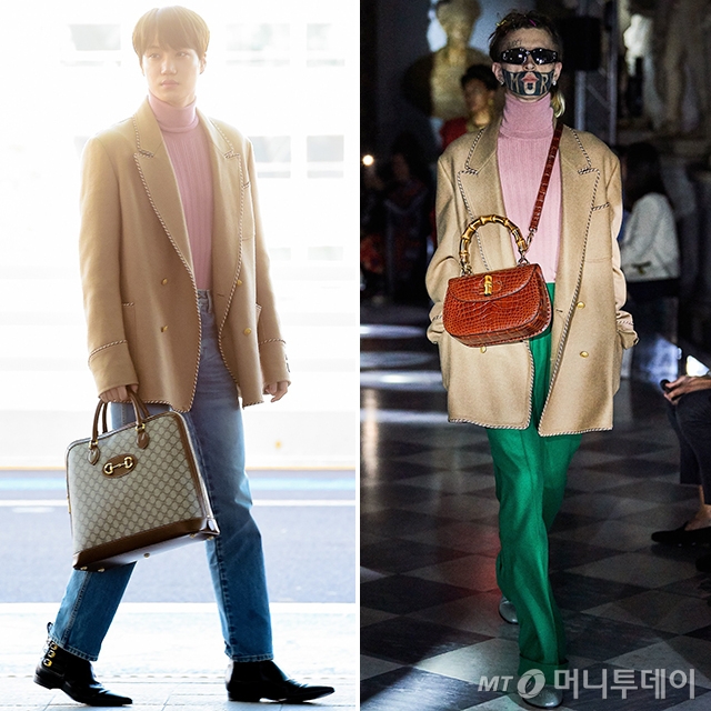 Kai of the group EXO showed off her stylish airport fashion.On December 12, EXO member Kai left for Milan, Italy, through Incheon International Airport to attend the Gucci 2020 Autumn Winter Manswear Collection Show on the 14th.On the day, Kai wore a pink turtleneck and a carmel coat to give off a soft charm.Here, Kai completed a stylish retro casual look with a pair of straight-fitting jeans, ankle boots and a duffel bag.The costume Kai wore is a 2020 cruise collection by Gucci, which featured a tan like Kai, matching a pair of green wool pants and grey boots in coats.Here, Model produced a brown leather handbag with a snake handle as a cross bag and a neutral charm.Gucci Kai at group EXO worn in 2020 cruise collection