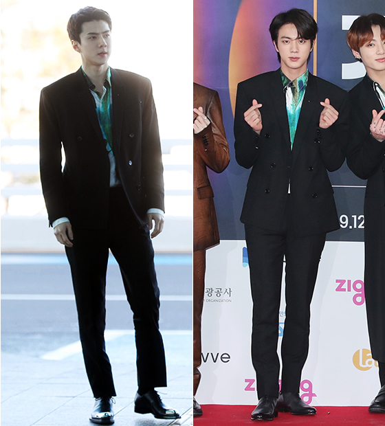 Group EXO Sehun and BTS (BTS) Jean have done the same dress with different charms.Sehun left for Italy on the afternoon of the 15th, and BTS Jean wore a brilliant print shirt and a black Double Jeopardy suit at 2019 SBS Gayo Daejeon last year.Both suits and shirts selected by the two are fashion brand Beluti (Beluti) 2020 S/S collection products.The model on the collection show was stylish with a chic black Double Jeopardy suit with a point, plus a colorful print shirt and a green color scheme.The model produced a sensual look with a slick hair style with a neat hair.Sehun unbuttoned the shirt lightly to create a natural mood, adding a point by matching Guddu with a front-nosed point.Sehun also saved a more sophisticated Feelings with a hair style that naturally passed the bangs as the model produced.Sehun unbuttoned the button and wore point shoes, while Jean buttoned the button neatly to the end of his neck and shoes also made a neat style by wearing clean shoes without decoration.In addition, Jean added a cute point with a so-called comma head style that slightly lowered one side of the bangs.EXO Sehun and BTS Jean, a Point shirt in suit...Where are you doing?