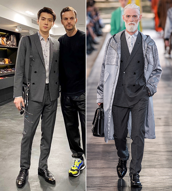 Group EXO Sehun presented chic pin stripe suit fashion.The fashion brand Beluti released a photo of Sehun who visited the studio of creative director Chris van Ashe through the official brand Twitter on the 16th.In the photo, Sehun wore a silk shirt with a pattern on a double suit of a stylish striped pattern, and a casual black crossbody bag to create a sophisticated style.The costumes Sehun chose are Belutis 2020 S/S collection.Model on the runway unleashed suit fashion in a more sporty atmosphere than Sehun.Model had a casual vibe across a Grey nylon parka with lettering points in a Grey pin striped suit.Sehun unbuttoned his shirt without a tie and gave a natural atmosphere, while Model made it neat with a shirt-like pattern tie.Here, Model added a classic point with a heavy black tote bag and a Monk strap with stud decoration and buckle.EXO Sehun, Comfortable Moods Suit Look ..Comparative Analysis with Runway Look