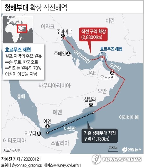 [그래픽] 청해부대 확장 작전해역 (서울=연합뉴스) 장예진 기자 = 정부가 '독자적 작전' 형태로 청해부대를 호르무즈 해협에 파견하기로 결정함에 따라 청해부대 작전임무 구역은 현재보다 3.5배로 늘어난다. jin34@yna.co.kr