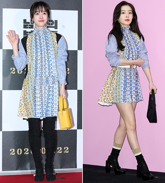 Actor Han Ji-min and group Red Velvet Irene have digested the same clothes in different styles.Han Ji-min wore a colorful mini dress at the VIP premiere of the movie Namsans Directors held on the 20th, and Irene wore a colorful mini dress at a fashion brand event held last year.Dress, which the two Choices have done, is a fashion brand Prada product - priced at $2,680 (about $3.2 million).The model in the lookbook has a smoky embroidery detail and a high-neck design with a nice pattern mix dress with neat white socks and high-top sneakers.Han Ji-min choices a stylish suede boot with a crystal trim and added points with a fresh yellow mini-bag.Here Irene is wearing a black pump with lovely knit socks and angular square toes to make her legs look longer.Irene also rolled up the sleeves of a long sleeve shirt dress to reveal her slender wrists, and completed the style with a cute black mini bag.Han Ji-min and Red Velvet Irenes glamorous mini-dress...where are you going?