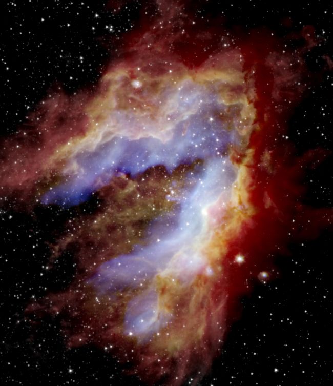 오메가 성운(M17)으로 불리기도 하는 백조성운. 궁수자리에 있는 거대한 성운으로, 지름이 15광년에 이르며, 성간물질로 이루어진 구름까지 포함하면 무려 40광년에 이르는 어마무시한 크기다. 출처= NASA / SOFIA / Lim, De Buizer & Radomski 등; ESA / Herschel; NASA / JPL-Caltech