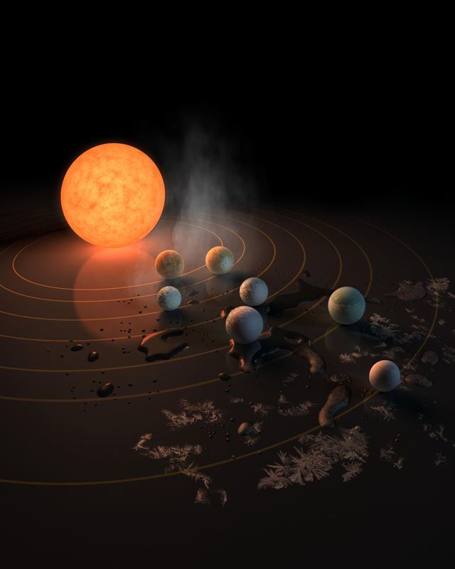 스피처 우주망원경의 최대 성과인 트라피스트-1 별 주위에 지구 크기의 7개 행성이 있다는 사실을 관측한 상상도. NASA 제공
