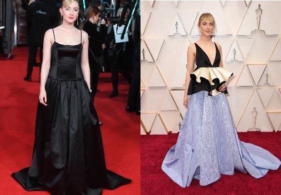 (왼쪽) BAFTA에서 입었던 구찌 드레스를 만들고 남은 자투리를 활용해 만든 (오른쪽) 아카데미 드레스 상의. [사진 연합뉴스]