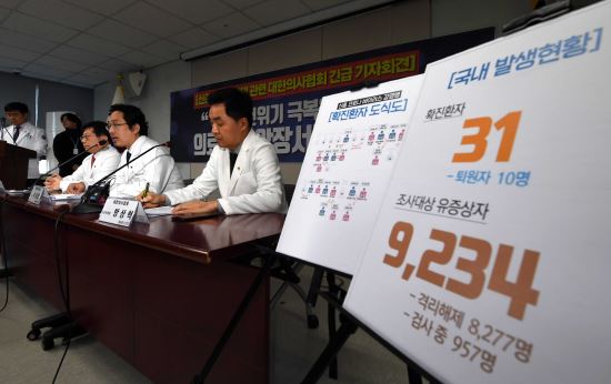 18일 서울 용산구 대한의사협회에서 열린 코로나19 관련 긴급 기자회견에서 최대집 회장이 발언하고 있다. 윤성호 기자.