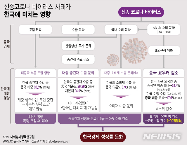 [서울=뉴시스] 12일 대외경제정책연구원이 발표한 보고서에 따르면 중국의 해외 관광 위축으로 인한 한국 내 관광 수입 감소가 한국경제에 가장 직접적이고 큰 영향을 줄 것이라고 밝혔다. (그래픽=전진우 기자) 618tue@newsis.com