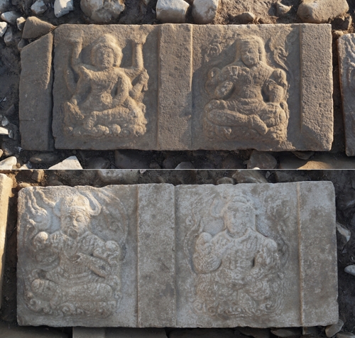 경주읍성에서 나온 팔부중상 위쪽은 아수라·건달바(남쪽), 아래쪽은 야차·용(동쪽). [한국문화재재단 제공]