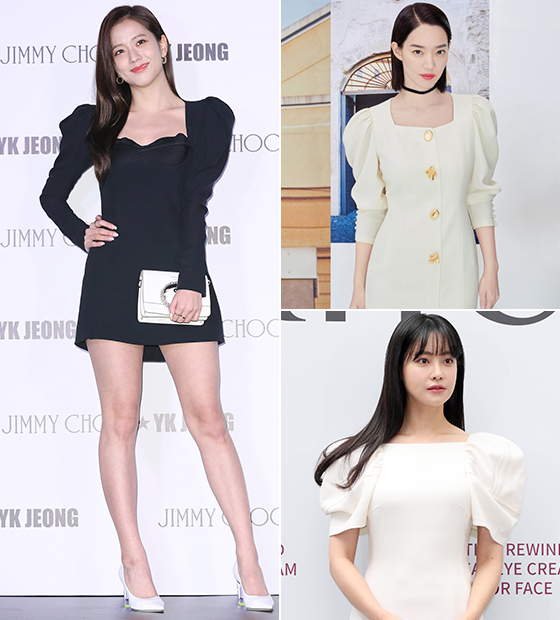 퍼프 소매 원피스를 선택한 그룹 블랙핑크 지수, 배우 신민아, 오연서/사진=뉴스1, 미샤