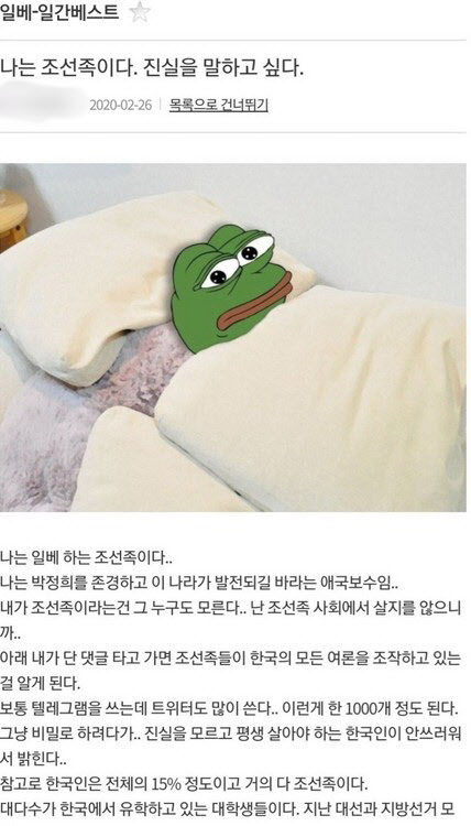 일간베스트저장소에 올라 온 논란의 글.