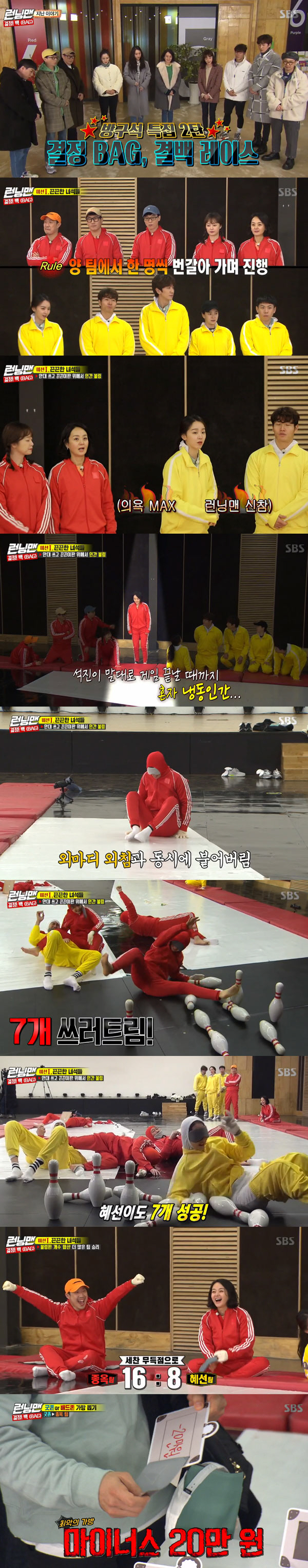 Running Man Bae Jong-ok wins final title in Decision! Back (BAG) RaceOn SBS Running Man broadcast on the 1st, Decision! Back (BAG) was missioned with Bae Jong-ok and Shin Hye-sun as guests.On this day, the Bae Jong-ok team and Shin Hye-sun team were divided into missions, and the first mission was to play human bowling on the sticky plate with sweet guys.First, Ji Suk-jin of the Bae Jong-ok team and Lee Kwang-soo of the Shin Hye-sun team challenged.However, the stickys strong adhesion failed, and Shin Hye-suns Kim Jong-kook succeeded in knocking down one.The failure continued after that, while Bae Jong-ok and Shin Hye-sun succeeded in knocking down seven.The Bae Jong-ok team then scored nine and the Bae Jong-ok team won the first round with 16 to 8.The Bae Jong-ok team went to Good Zone and the Shin Hye-sun team pulled a bag from the bad zone. As a result, Bae Jong-ok picked up +70,000 won and climbed to the top with 80,000 won.On the other hand, Kim Jong-kook won -200,000 won and was ranked 10th with -150,000 won.The second round is Nunchibab auction, which adds up the food auction by round and more teams win.The first round was a draw, and the second and third rounds were won by Shin Hye-sun, winning pizza and jajangmyeon.The third round was a victory for the Bae Jong-ok team, but the second round was a victory for the Shin Hye-sun team due to overwhelming price differences.Shin Hye-sun team went on to draw bags in Good Zone, Bae Jong-ok team pulled bags in Bad Zone, and Shin Hye-sun finished first with 120,000 won, Kim Jong-kook picked + 1,000 won, and finished second round with -149,000 won.The final mission is the Mafia War, in which one Mafia during the talk must perform the mission word; after the talk is terminated, a prize votes for one suspected Mafia.Mafia is a victory for the citizen in the success of the arrest, Mafia in the failure of the arrest.The members conducted a daily talk to arrest Mafia, and then got one vote for Yang Se-chan, one for Lee Kwang-soo, and three for Shin Hye-sun.But the real Mafia was Song Ji-hyo; also the Mafia word Odintsovo.Song Ji-hyo had succeeded in speaking of Odintsovo with the help of Yoo Jae-Suk; in the second round, he succeeded in arresting Mafia.Mafia was Ji Suk-jin, and the Mafia word was a goblin bat.The final bag was drawn, and the final result was Bae Jong-ok, and Ji Suk-jin, the second place, won the al ring.On the other hand, Kim Jong-kook and Jeon So-min were in 10th and 9th place, and received the final fresh cream penalty.