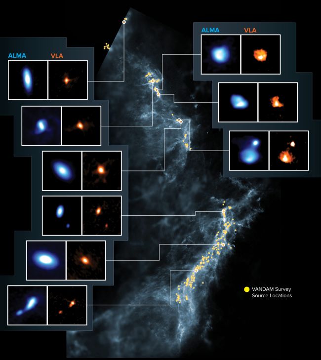 새로 이미지화된 원시 별은 오리온자리 분자구름과 위치가 일치한다. (출처=ALMA (ESO / NAOJ / NRAO), J. Tobin; NRAO / AUI / NSF, S. Dagnello; Herschel / ESA)