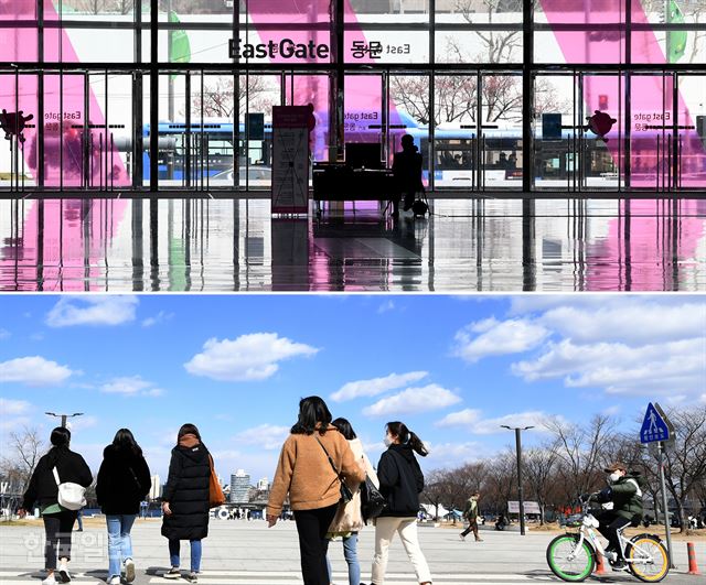 15일 열화상카메라가 설치된 서울 강남 코엑스 출입문 주변이 한산한(위 사진) 반면 여의도 한강공원은 상쾌한 봄바람을 맞으며 자전거를 타거나 산책을 즐기려는 시민들의 발길이 이어지고 있다. 왕태석 선임기자