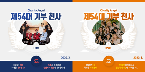 EXO (EXO) and TWICE (TWICE) were selected as Donation Angels.According to the idol popular ranking service Passion Stone on the 16th, group EXO and TWICE will be ranked first in the cumulative ranking of men and women in the Hall of Fame, and will be selected as the 54th Donation Angel in March 2020.EXO was ranked as the Donation Angel for 12 consecutive months in March with the first place in the mens group cumulative ranking.EXO has achieved cumulative Donation amount of 22 million won with 26 Donation Angels, 18 Donation Fairy, 44 times Donation so far.The womens group was selected by TWICE as a Donation Angel for the 21st consecutive month.TWICE achieved a cumulative Donation amount of 17 million won with 21 Donation Angels, 13 Donation Fairy, and 33 Donation.EXO and TWICE, which became Donation Angels, donated a total of 1 million won each for 500,000 won, and the Milal Welfare Foundation Corona 19 for emergency support projects for vulnerable groups.As a result, the cumulative amount of Passion Stone exceeded 146 million won.EXO leader Suho is set to make his solo singer debutSuhos first mini-album Self-Portrait, which actively participated in the production from the album planning, will be released at 6 p.m. on the 30th.TWICE is on vacation due to the cancellation of the concert scheduled for March due to Corona 19, and Tzuwi visited Taiwan, his hometown, to report on his current status as he is self-sustaining according to the authorities policy.In addition, EXO and TWICE joined the Donation procession to prevent corona 19 spread.The company donated a total of 100 million won to Hope Bridge for 50 million won for Baekhyeon, 50 million won for Chanyeol, 20 million won for Ray, 50 million won for Kai, 50 million won for Suho, 50 million won for Nayeon, 50 million won for Dahyeon, 50 million won for Tsuwi for love, and 300,000 yuan for the Chinese Social Welfare Fund.Meanwhile, the second place in the mens group of the Passion Stone Hall of Fame was BTS, the third place was New East, the second place was girlfriend, and the third place was Aizwon.