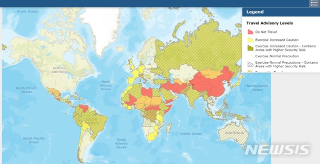 [서울=뉴시스] 미 국무부 여행 경보 현황. (그림/ 미 국무부 홈페이지 캡처)  photo@newsis.com