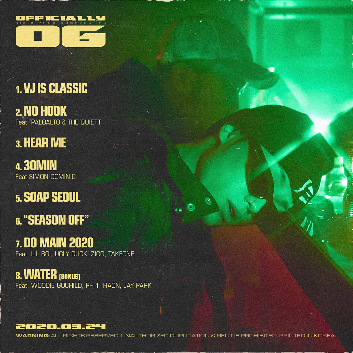 On the 18th, his agency Hier Music announced the new EP Officially OG track list of Sik-K through official SNS and officially announced the comeback of 24 Days.According to the public track list, the first track VJ IS CLASSIC (classic), as well as No Hook (NO HOOK) (Feat.Paloalto & The Quiett), I dont know (HEAR ME), 30 Minutes (30MIN) (Feat.Love, Simon Dominic), Soap Seoul (SOAP SEOUL), Season Off (SEASON OFF), Two Mains (DO MAIN 2020) (Feat.Bonus Tracks Water (WATER) (Feat) on Lil Boi, Ugly Duck, ZICO, TakeOne.Woodie Gochild, pH-1, HAON, Jay Park) included a total of eight songs.The album was named Officially Ozzie, and a total of 12 famous The Artists, including Paloalto, The Quiet, VerbalJint, Love, Simon Dominic, and Zico (ZICO), participated in the album to enhance the perfection.Here, producer GooseBumps, who has worked with numerous hip-hop The Artists, produces the former Tracks, drawing more anticipation.Sik-K, who led hip-hop fans hot reaction with the collabor EP album S.O.S with rapper Coogie in September last year, is expected to capture listeners with more intense and high quality music.Sik-Ks new EP Official Oji will be released on various music sites at 6 pm on the 24th.