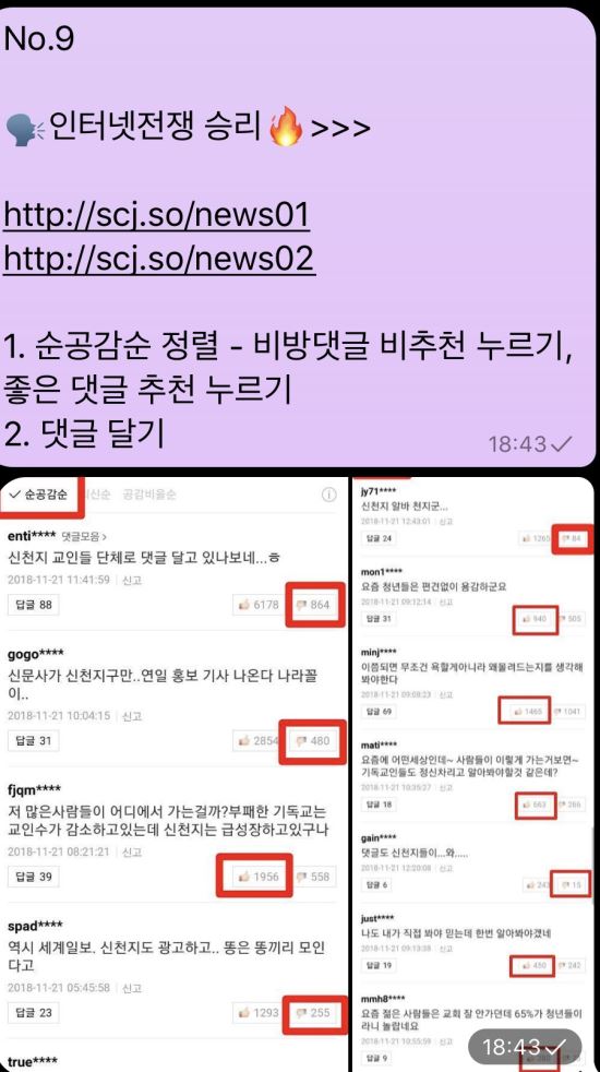 신천지 신도가 2018년 11월 SNS 단체 대화방에서 댓글 좌표를 찍고 신천지를 옹호하는 기사에는 추천을, 비판하는 기사에는 비추천을 누르라고 지시해놨다.