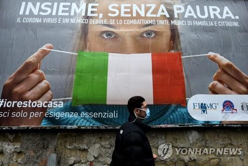이탈리아 코로나19 포스터 앞 지나는 남성 [AFP=연합뉴스 자료사진]