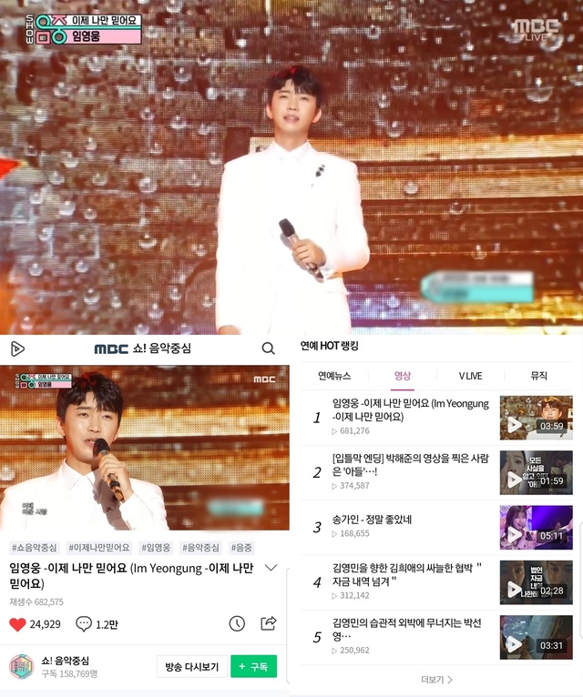 Lim Young-woong said on the 5th, I am still excited and excited to stand on the stage I could not even think about MBC TV show music center which was broadcast the previous day through the management company Newera Project.Im a trot singer.I received a lot of love through Mr Trot, and thanks to the support of the fans, I came up to the music center stage. I am grateful to be on stage with so good K-pop stars.Lim Young-woong, who was on stage with popular K-pop idols such as group EXO guardian, Kang Daniel, Ong Sung-woo, Se-jeong, and group ITZY, emphasized, The way I can repay my fans is to do my best to make K-Trot (TROT) more loved as a genre of Korean popular music.I will work with my seniors and Mr Trot colleagues to inform K-Trot to music fans around the world, so I would like to encourage and support you.On this day, Lim Young-woong presented his new song Now I Believe Only as Love Live!The stage clip, which was released through Naver TV, was popular enough to record more than 12,000 views and nearly 700,000 views in a day.Lim Young-woong said, If my stage video exceeds 1 million views, I will make I believe only now as a direct-cam Love Live! And I will give you a gift.Now I believe only is the winner of Tomorrow is Mr Trot, which has the highest audience rating in the history of comprehensive channels.Hit composer Cho Young-soo and hit lyricist Kim I-na have reunited for Lim Young-woong since the redevelopment of love.Immediately after its release, it was unusual for trot songs to take first place on the real-time charts of major online music sites.