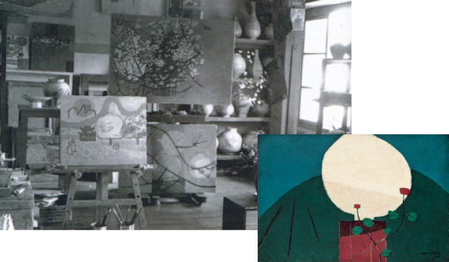 1954년 김환기 아틀리에(왼쪽)와 김환기 작 백자와 꽃. [환기미술관 제공, 서울옥션 제공]