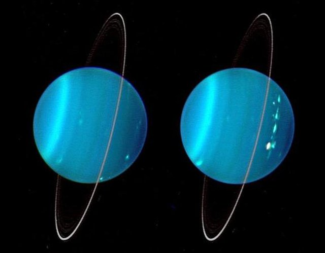 2004년 케크 천문대 망원경으로 제작된 이 합성 이미지는 천왕성의 두 반구를 보여주고 있다(출처=Lawrence Sromovsky, University of Wisconsin-Madison/W.W. Keck Observatory)