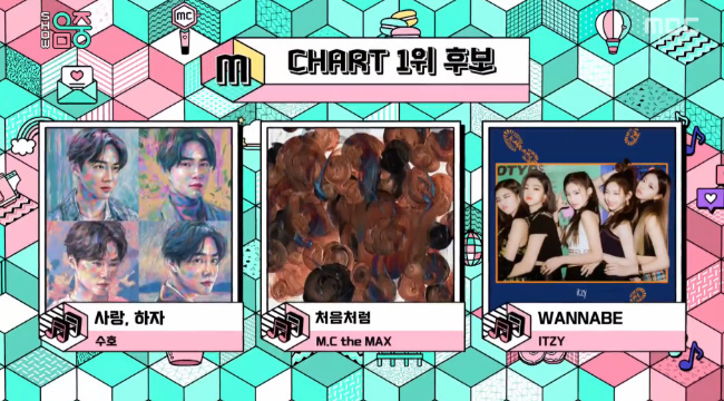 EXO Suho, MC The Max and ITZY clashed as top candidatesMBCs Show! Music Center, which was broadcast on April 11, was released as the first candidate in the second week of April.On the same day, EXO Suhos Love, Lets Do, MC the Maxs Like the First, and ITZYs WANNABE were nominated for the top spot.Lee Ha-na