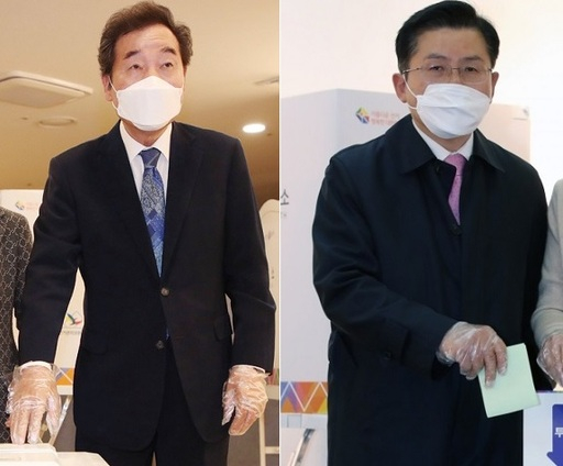 더불어민주당 이낙연 후보(왼쪽)와 미래통합당 황교안 후보가 투표소에서 한 표를 행사하는 모습. 연합뉴스 