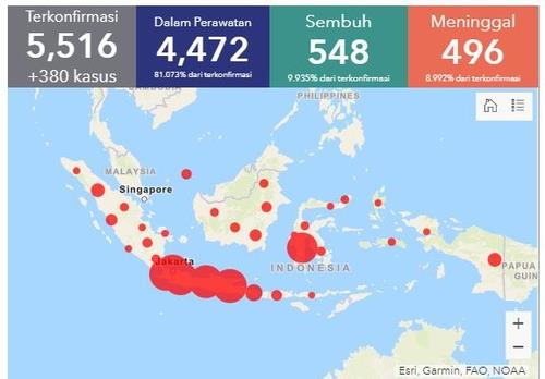 인도네시아 코로나19 확진자 5천516명·사망 496명 [인도네시아 보건부]