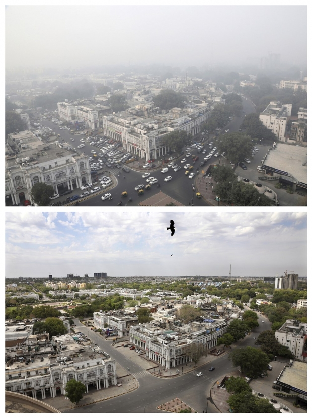 지난해 11월 1일(사진 위)과 지난 20일 촬영된 인도 뉴델리의 스카이라인. 사진=AP 연합뉴스