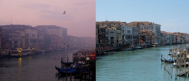 지난 2018년 1월 6일(사진 왼쪽)과 지난 17일 촬영된 이탈리아 베네치아 운하. 사진=로이터 연합뉴스