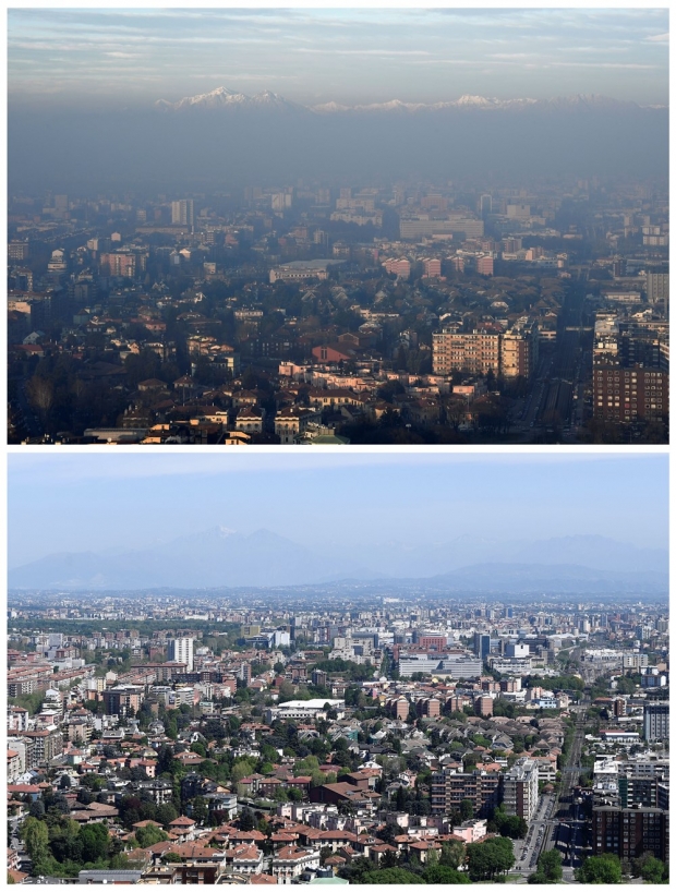 유럽에서 가장 대기오염이 심한 곳으로 꼽히는 이탈리아의 경제 중심지 밀란. 지난 1월 8일(사진 위)은 자욱한 스모그로 가득차 있으나 지난 17일 촬영된 하늘은 맑다. 사진=로이터 연합뉴스　