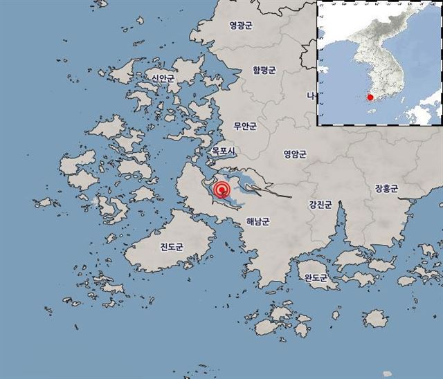 3일 오후 10시7분쯤 규모 3.1의 지진이 발생한 전남 해안군 서북서쪽 21km지역. 이곳에서는 지난 8일사이 39건의 지진이 관측됐다. 기상청 제공