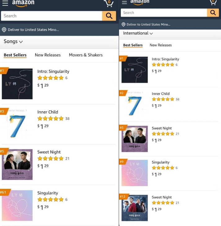 사진 왼쪽은 5월7일자 ‘베스트 셀러 송’ 차트로 #1 싱귤래리티 인트로 #3 이너 차일드 #5 스위트 나잇, 오른쪽은 같은 날 ‘베스트 인터내셔널 송’ 차트로 #1 싱귤래리티 인트로 #2 이너 차일드 #3 스위트 나잇 #9 싱귤래리티. 사진 아마존 캡처
