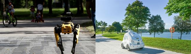 싱가포르 공원에서 사람들에게 사회적 거리두기를 안내하고 있는 로봇개 스폿(왼쪽 사진)과 꼬마자동차 로봇. 싱가포르=로이터 연합뉴스, 스트레이츠타임스 캡처