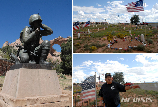 [뉴욕=뉴시스]왼쪽: 나바호 암호통신병(Navajo Cord Talker)을 기리는 동상. 뒤로 저 멀리 붉은 바위산과 뻥 뚫린 창문이 보인다. 이 동상은 우테(Ute) 부족 조각가 올랜드 조(Oreland Joe)의 작품으로 나바호 암호통신병 추모재단 후원으로 제작되었다. 오른쪽 위: 나바호 네이션의 참전용사 공동묘지. 찢기고 빛바랜 국기가 바람에 흔들린다. 나지막한 봉분의 무덤들이 가득한 공동묘지가 풍화되는 풍경을 바라보는 느낌은 씁쓸하다.오른쪽 아래: 나바호 네이션에서 만난 ‘적을 향해 언덕으로 올라가'라는 뜻을 가진 '아스키에 예 첸 네 야' 할아버지가 나바호 참전용사 공동묘지에 대해 설명하고 있다. 2009.05.14. 글·사진 김치김(크로키작가) kimchikimnyc@gmail.com