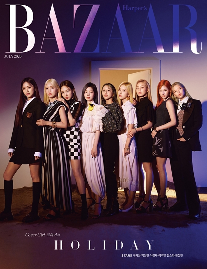 Group TWICE released beautiful looks with a sole cover of nine.On the 15th, fashion magazine Harpers Bazaar released 10 cover and pictorials, which were filmed in full and alone with TWICE in the July issue. This is the first single cover of nine individuals.TWICE, which celebrated its fifth anniversary this year, has recently reached its 100th place and exceeded 5.2 million domestic album sales, while making its debut on the Billboards 200 chart for the first time.The cover and picture featured the girls who mysteriously shine in a surreal space under the theme of Beauty Galaxy.Group covers that emphasize sophistication with black and white look, and personal cover costumes that reveal their charm stand out.Nayeon Jeongyeon Dahyun Momo Mina Sana Jihyo Chae Young Tsuwi, nine girls are delighted to appreciate the colorful costumes that perfectly harmonize with their individuality.In the actual filming site, it was a long time shooting right after the comeback, but it did its best every cut without tired color, and it was the back door that made the tired staff laugh with unique youthfulness and charm.