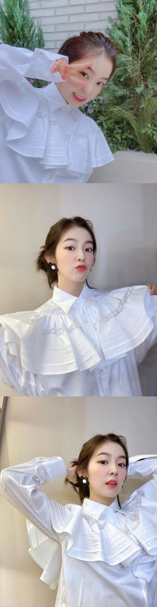 Girl group Red Velvet member Irene showed off her unique beautiful looks.Irene posted photos on her personal social media on Thursday.The photo released showed Irene in a white shirt, with a fluttering frill emphatically highlighting the radiant vibe of Irene.In particular, Irene made a V with his hand and put it on his eyes, and he caught his eye with a cute expression.The hair tied up neatly and tied up highlighted the distinctive features of Irene.Irene released the Red Velvet repackage album The ReVe Festival-Fiale last December; he is working as a unit with member Seulgi this year.Irene SNS.