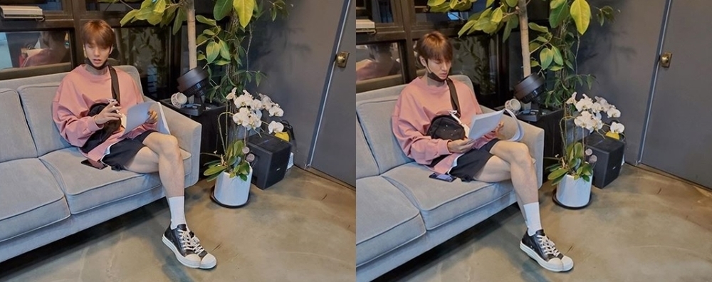 Lee Min-ho also sported a visual with a pink man-to-man that was a Perfect match.Actor Lee Min-ho posted three photos on his Instagram page on July 4.Lee Min-ho, pictured, sits on the sofa and crosses his legs - he showed off his high nose from a distance and thrilled fans.han jung-won